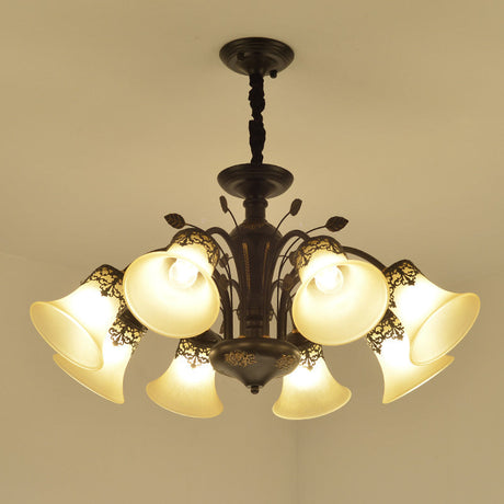 Farmhouse Frosted Glass Chandelier: Morning Glory Ceiling Pendant 3/6/8 Lights Black/White