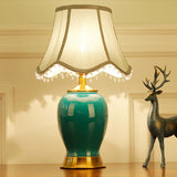Handmade Urn Shaped Night Light Green Ceramic Table Lamp With Fabric Shade / B