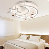 White Acrylic Moon Star Semi Flushmount Ceiling Light With Flower Crystal Accent - Modern Led Lamp