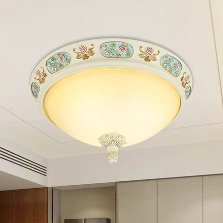 2/3 - Head Flush Mount Opaline Glass Dome Ceiling Light With Flower Decor In Blue And White