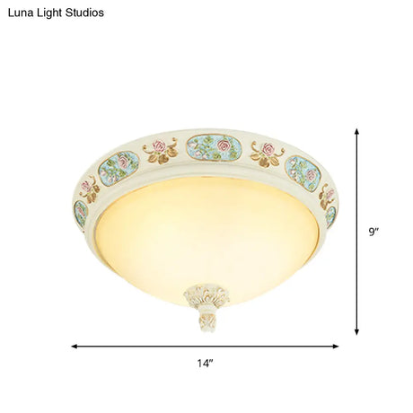 2/3 - Head Flush Mount Opaline Glass Dome Ceiling Light With Flower Decor In Blue And White