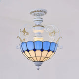 2-Bulb Bowl Semi Flush Light In White With Tiffany Stained Glass Various Colors / Blue Square