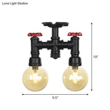 2 - Head Semi - Flush Industrial Ball Amber Glass Ceiling Fixture In Black