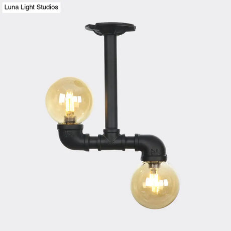 2 - Head Semi - Flush Industrial Ball Amber Glass Ceiling Fixture In Black