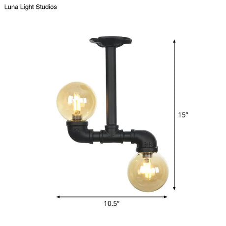 2 - Head Semi - Flush Industrial Ball Amber Glass Ceiling Fixture In Black