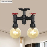 2 - Head Semi - Flush Industrial Ball Amber Glass Ceiling Fixture In Black