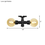 2 - Light Amber Glass Semi Flush Antiqued Black Sphere Ceiling Lamp