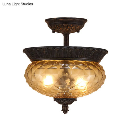 2 - Light Countryside Black Semi Flush Ceiling Light With Prismatic Glass - Ideal For Dining Room