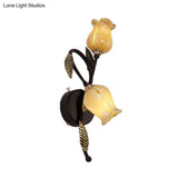 2-Light Dual-Tone Glass Wall Sconce - Traditional Gold/Black Blossom Bedroom Lighting Fixture