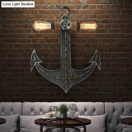 2-Light Nautical Industrial Wall Lamp: Anchor Design Wrought Iron Sconce Lighting For Restaurants