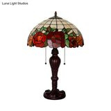 2-Light Tiffany Stained Glass Night Lamp With Rose-Edge Gridded Design And Pull Chain In Coffee