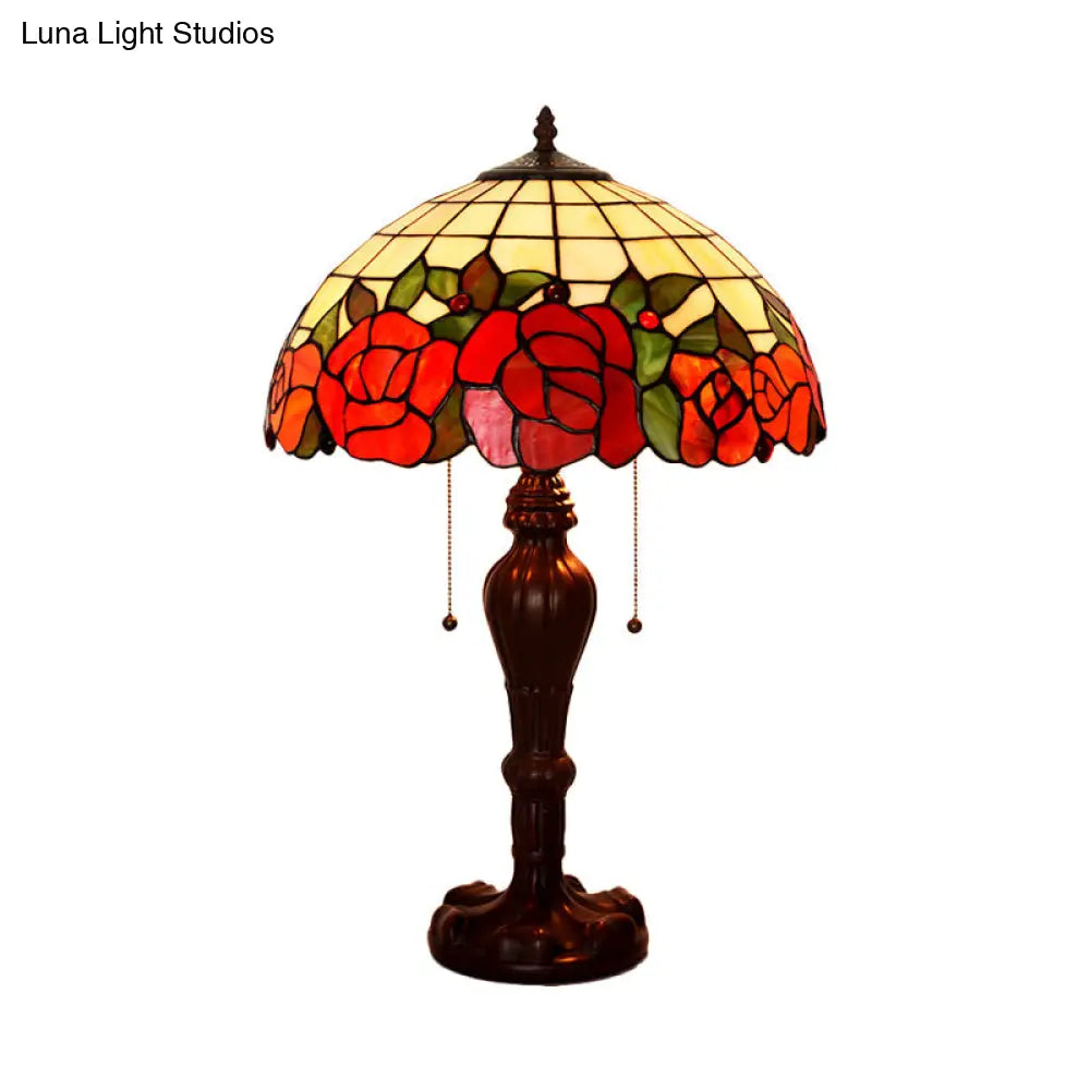 2-Light Tiffany Stained Glass Night Lamp With Rose-Edge Gridded Design And Pull Chain In Coffee