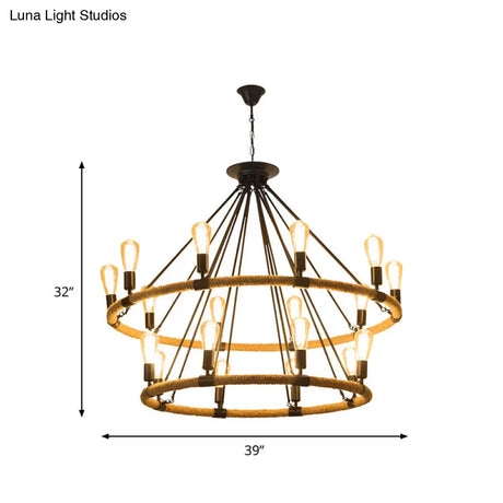 2-Tier Industrial Chandelier With 18 Hanging Lights Beige Rope Pendant Lamp For Restaurants