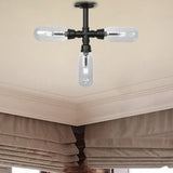Vintage Style Matte Black Semi Flush Light With Clear Glass - Pipe Designed 3/4 Capsule Fixture / B