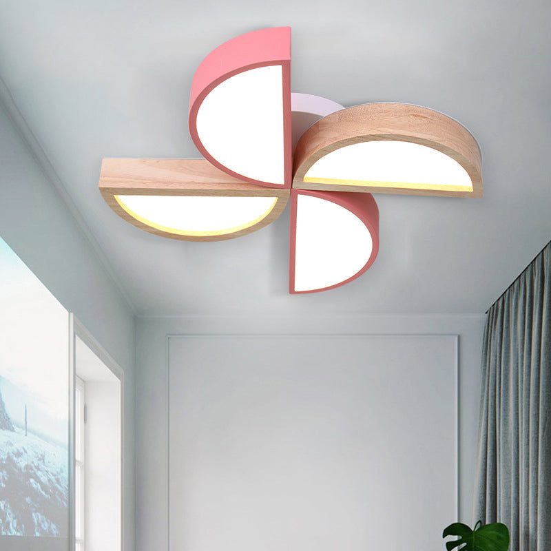 Cartoon-Inspired 4-Head Toy Windmill Led Flush Ceiling Light For Nursing Room Wooden And Metal Lamp