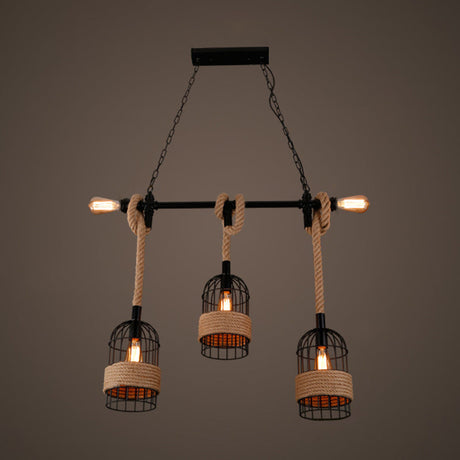 Beige Geometry Farmhouse Hanging Island Light With Metal & Rope Pendant - 3 Heads For Dining Room /