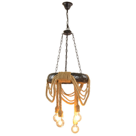 Farmhouse Chandelier With 4 Beige Rubber Tyre Heads Open Bulb And Rope Cord Design
