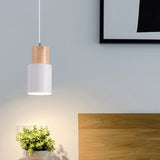 Minimalist Cylinder Wood Pendant Light With Metal Shade - Down Lighting White