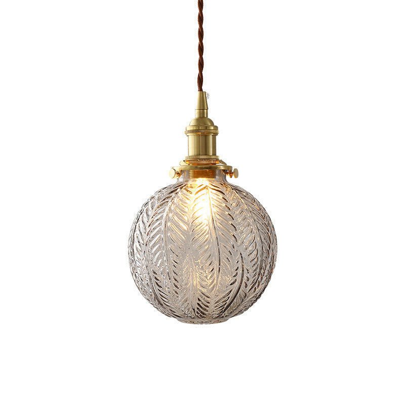 Spherical Pendant Light In Brass Finish With Clear Textured Glass - Ideal For Warehouse