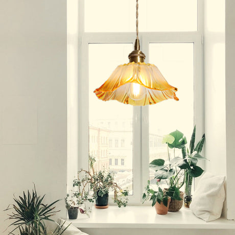Textured Glass Pendant Lighting: Blossom Industrial 1-Light Ceiling Fixture In Brass - Perfect For