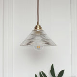Clear Ribbed Glass Drop Lamp With Industrial Brass Cone Shade - 1-Light Ceiling Light For Dining
