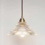 Clear Ribbed Glass Drop Lamp With Industrial Brass Cone Shade - 1-Light Ceiling Light For Dining