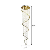 Contemporary Stainless Steel Spiral Ceiling Lamp With Crystal Beaded Flush Mount - 6 Bulbs 86.5 Tall