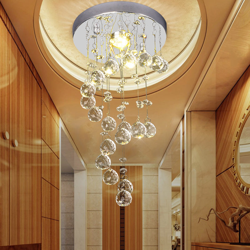 Modern Crystal Orb Flush-Mount Ceiling Light Fixture With Twisted Design - Nickel Finish