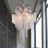 Modern Led Bedroom Chandelier: Silver Pendant Lamp With Tiered Tassel Aluminum Shade