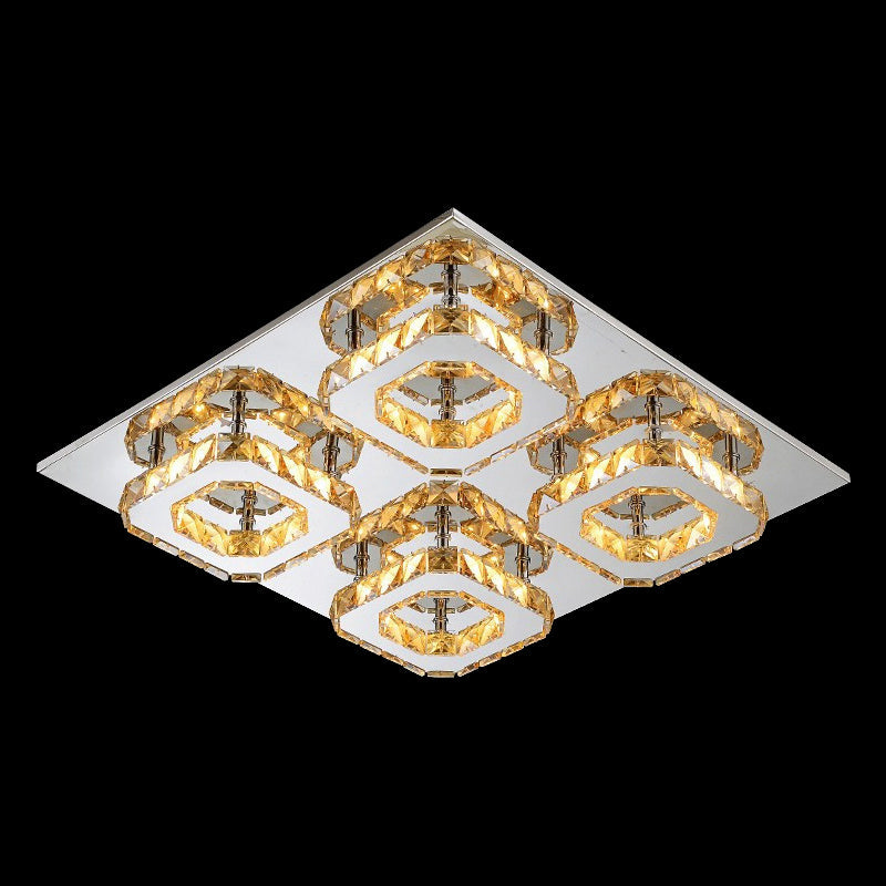 Modern Style Chrome Flush Ceiling Light With Faceted Crystal - Block Flushmount Lighting