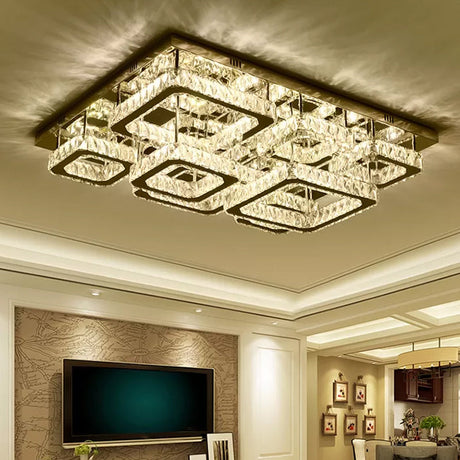 Chrome Square Flushmount Crystal Led Ceiling Light For Living Room - Simplicity And Elegance