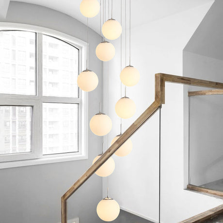 10-Head Staircase Pendant Light: Elegant Silver Drop Lamp With Cream Glass Shade