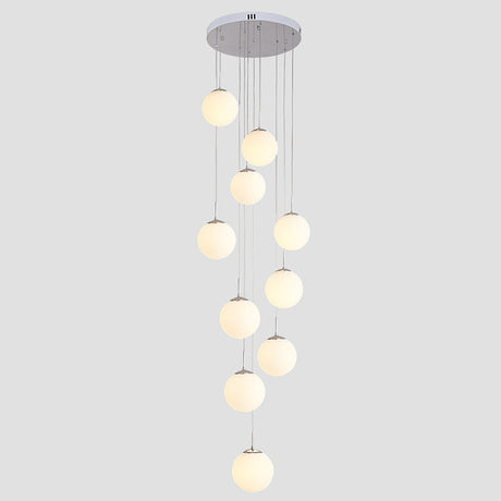 10-Head Staircase Pendant Light: Elegant Silver Drop Lamp With Cream Glass Shade
