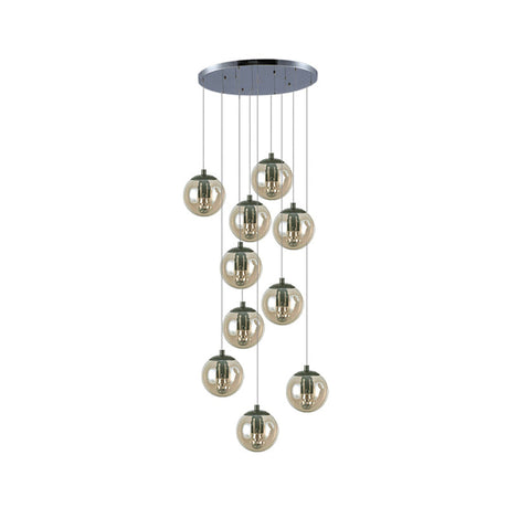 Cognac Glass Globe Pendant Light With 10-Lights For Stairs Or Ceiling