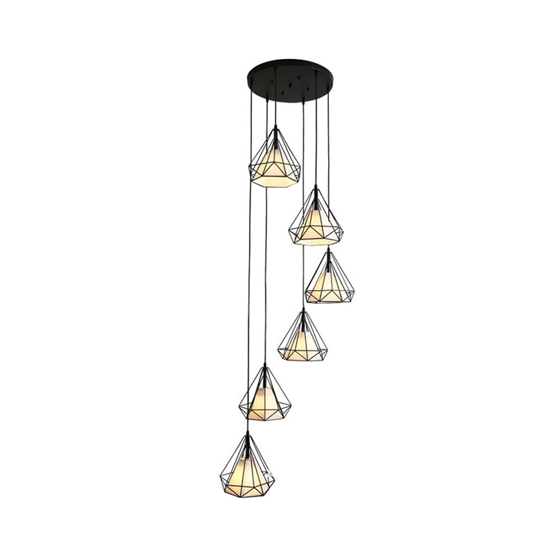Black Diamond Cage Multi-Pendant Metal Light Kit - 6 Lights & Inner Fabric Shade Great For Corridors