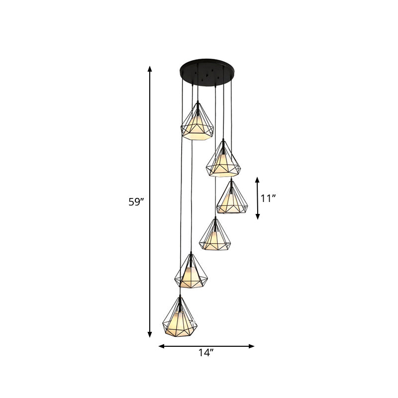 Black Diamond Cage Multi-Pendant Metal Light Kit - 6 Lights & Inner Fabric Shade Great For Corridors