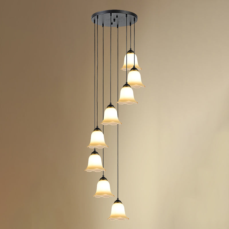 Black Minimalist Flower Stairs Multi-Pendant Light With Frosted Glass And Round Canopy