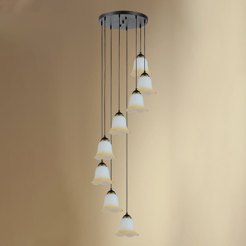 Black Minimalist Flower Stairs Multi-Pendant Light With Frosted Glass And Round Canopy
