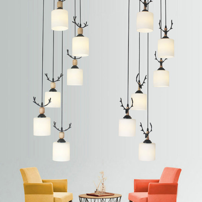 Opal Glass Stairs Pendulum Light: Modernist Cylinder Cluster Pendant In Black 6 / White B