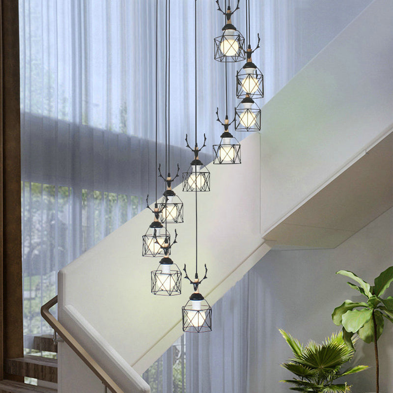 Modernist Black Hexagon Cage Pendant Lamp With Spiral Metal Design 9 / C