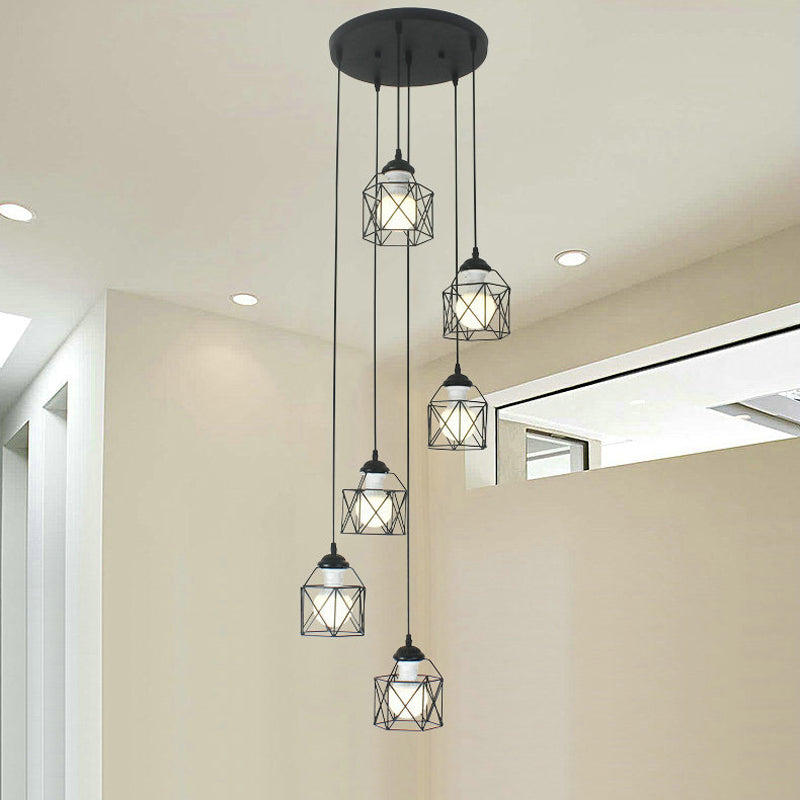 Modernist Black Hexagon Cage Pendant Lamp With Spiral Metal Design 6 / A