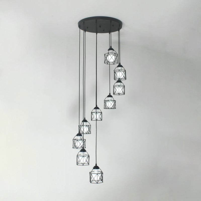 Modernist Black Hexagon Cage Pendant Lamp With Spiral Metal Design
