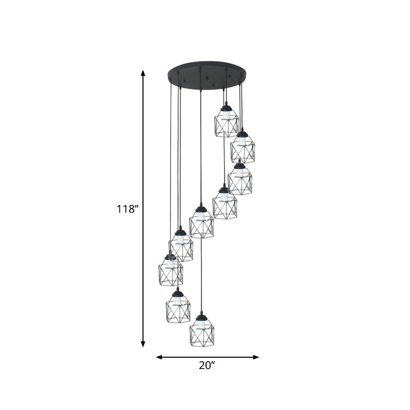 Modernist Black Hexagon Cage Pendant Lamp With Spiral Metal Design