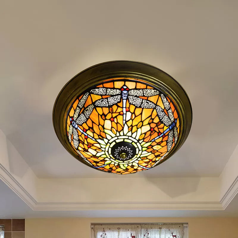 Rustic Dragonfly Stained Glass Ceiling Light - 19.5/15 Width Orange Indoor Flush Mount