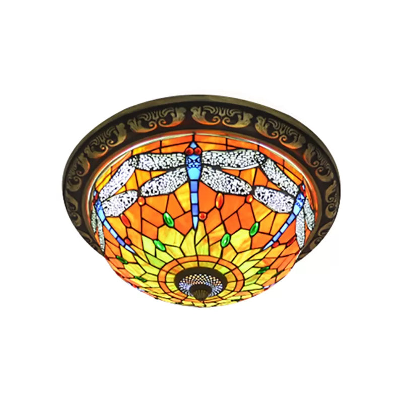 Rustic Dragonfly Stained Glass Ceiling Light - 19.5/15 Width Orange Indoor Flush Mount