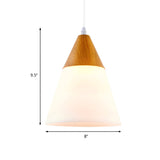 Modern Cone Milk Glass Suspension Pendant - Natural Wood Hanging Light Fixture (1-Light 5/7.5/10.5