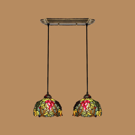 Victorian Pendant Lighting: Green Stained Glass Hanging Barrel Fixture With Grapevine Pattern