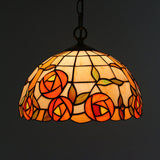 Tiffany Style Black Floral Drop Pendant Light For Dining Room With Handcrafted Glass Shade / C