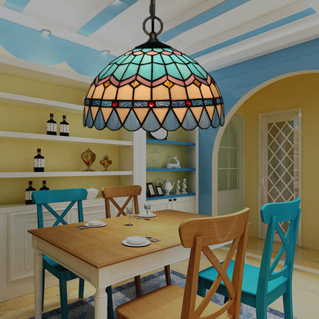 Tiffany Stained Glass Suspension Lamp: Lattice Bowl Pendulum Light - 1-Light Blue For Dining Room