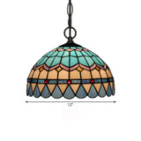 Tiffany Stained Glass Suspension Lamp: Lattice Bowl Pendulum Light - 1-Light Blue For Dining Room